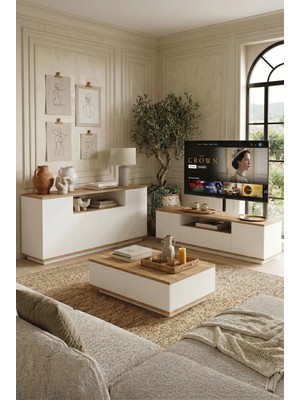 Robin Home Loft Tv Ünitesi Orta Sehpa Konsol 3'lü Set Çam-Beyaz