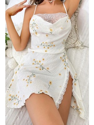 Bella Notte Romantik Ekru Bahar Tadında Yırtmaçlı Gecelik