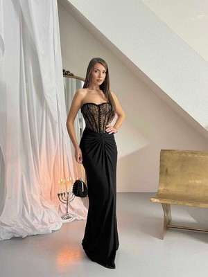 Nils Butik Korse Detaylı Roselle Midi Gece-Abiye Elbise
