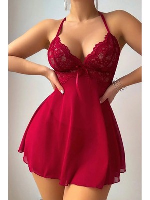 Bella Notte Bordo A Kalıp Dantel Detaylı Mini Gecelik