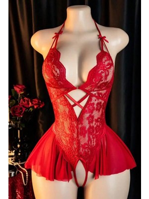 Bella Notte Kırmızı Boyundan Bağlamalı Fiyonk Detaylı Dantel Gecelik