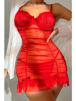 Bella Notte Kırmızı Likralı Transparan Tül Gecelik