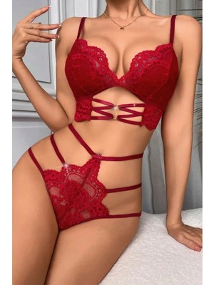Bella Notte Bordo Dantelli Sexy Tasarım Bralet Takım