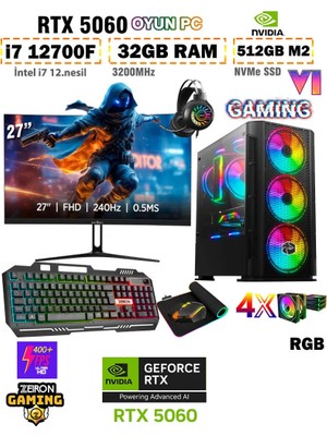Zeiron XGEN12 i7 12700F 12.nesil 32GB Ram 512GB Nvme SSD 8GB RTX5060 27" 240Hz Curved Oyuncu Bilgisayarı