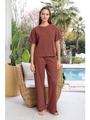 Aydoğan Kadın Kısa Kol Waffle Kumaş Pijama Takımı 260108 Koyu Kiremit