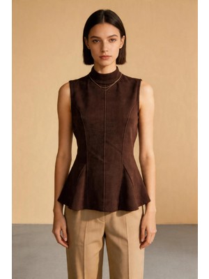 Polo State Kadın Dik Yaka Kolsuz Fit & Flare Formlu Bluz Kahverengi