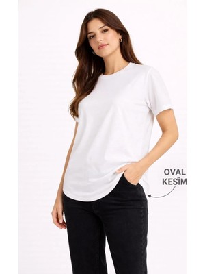 Tarz Yeri Kadın Basic T-Shirt Kısa Kol Bisiklet Yaka Oval Kesim Tişört - Beyaz