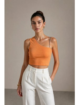 Polo State Kadın Tek Omuz Zincir Askılı Fitilli Crop Bluz Turuncu