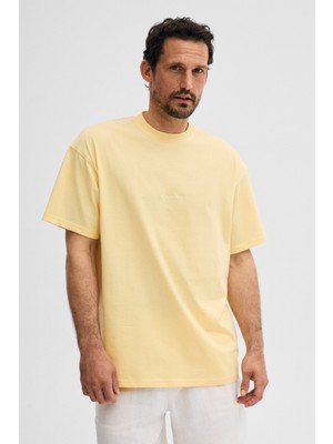 Grimelange Rıver Erkek Oversize Fit Bol Kesim Nakış Işlemeli Basic Örme Açık Sarı T-Shirt