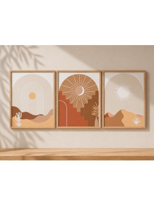 Pegziz Boho Çöl Güneşi 3 Parça Çerçeveli Tablo Seti – Modern Minimalist Duvar Dekoru