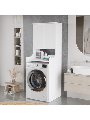 Yurupa Çamaşır Makinesi Üstü Dolabı Valen Banyo Düzenleyici Raflı Kapaklı Çok Amaçlı Dolap Beyaz Val2-W