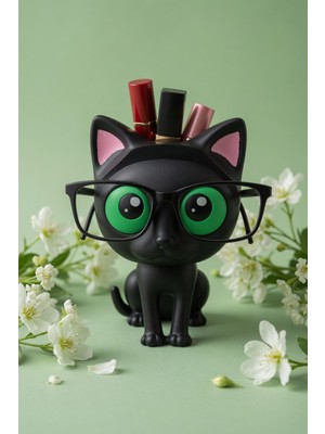 My Craft 3D Kedi Figürlü Gözlük Standı Gözlüklük Kalemlik Makyaj Fırçası Ruj Organizer Masaüstü Dekoratif Ofis Düzenleyici