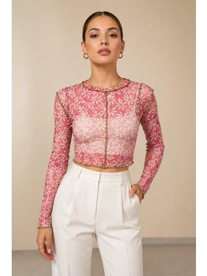 Polo State Kadın Pembe Çiçek Desenli Transparan Tül Bluz Kontrast Dikiş Detaylı Crop Fit