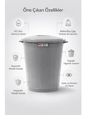 Akay Plastik Eko Çöp Kovası Battal 50 lt Dayanıklı Plastik Gövde ile Modern Tasarım