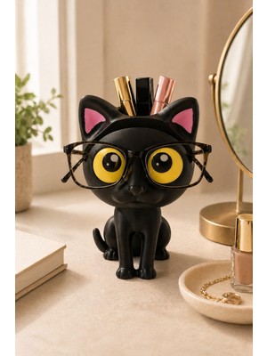 My Craft 3D Kedi Figürlü Gözlük Standı Gözlüklük Kalemlik Makyaj Fırçası Ruj Organizer Masaüstü Dekoratif Ofis Düzenleyici