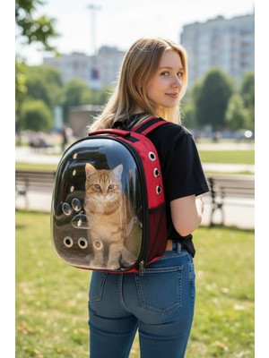 Zekton Kırmızı Şeffaf Astronot Kedi Köpek Taşıma Sırt Çantası