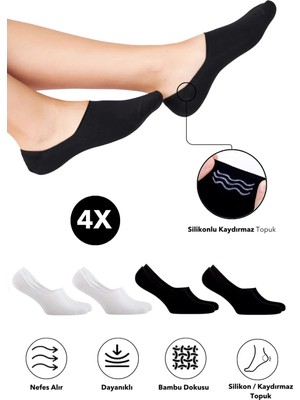 Bambu Kadın Babet Siyah - Beyaz Çorap Dikişsiz Görünmez Kaydırmaz Topuk Silikonlu 4'lü Paket