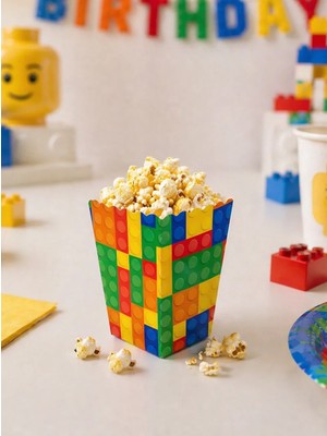 Parti Adresi Renkli Blok Temalı Karton Mısır Kutusu Popcorn Kutusu 8'li