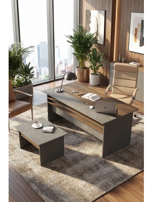 Yurudesign Vista Ab Ofis Masa Takımı Ahşap Kahve-Beton-Antrasit 180 cm Modern Tasarım