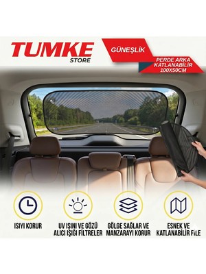 TUMKE Araç Içi  Arka Cam Güneş Kesici Katlanabilir Perde 100X50 cm Fileli Pratik Güneşlik
