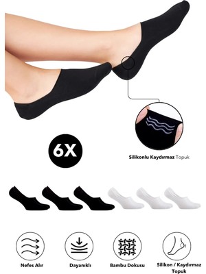 Bambu Kadın Babet Çorap Dikişsiz Görünmez Kaydırmaz Topuk Silikonlu Premium 3Siyah 3Beyaz 6'lı Beyaz Paket
