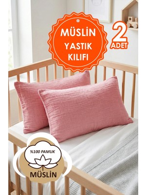 Hamur Çift Katlı Müslin Çocuk Yastık Kılıfı %100 Pamuk 35x45 cm 2’li Bebek Çocuk Kılıf Seti Gül Kurusu
