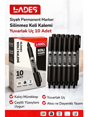 Hobibahçem Lades Siyah Permanent Marker Silinmez Koli Kalemi Yuvarlak Uç 10 Adet