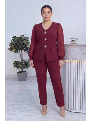 thezkscom Kadın Gold Düğmeli Şifon Kol Ikili Takım Pantolon Bluz Bordo, Siyah, Lacivert