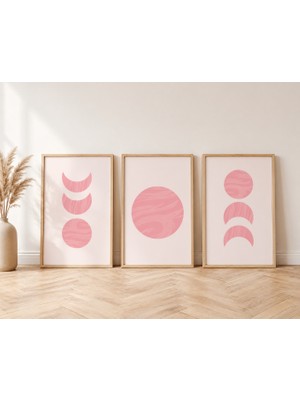 Pegziz 3’lü Minimal Pembe Geometrik Tablo Seti Doğal Ahşap Çerçeve Duvar Tablosu
