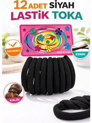 Hobibahçem 12 Adet Siyah Lastik Toka Kalın Saç Lastiği Dayanıklı Esnek Saç Toplama Tokası Kadın ve Kız Çocuk Saç Aksesuarı