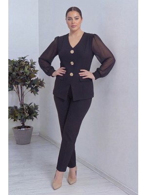 thezkscom Kadın Gold Düğmeli Şifon Kol Ikili Takım Pantolon Bluz Bordo, Siyah, Lacivert