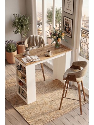 Yurudesign Style Bar Masası Mutfak Yemek Masası Atlantik Çam-Beyaz St1-Aw