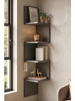 Yurudesign Shelf R9 Köşe Duvar Rafı Modern Kitaplık Antrasit WL9-AN