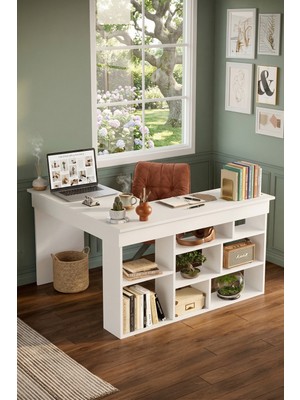 Yurudesign Tywin Modern Tasarımlı Beyaz Kitaplık Raflı Çalışma Masası Suntalam Malzeme CT5-W