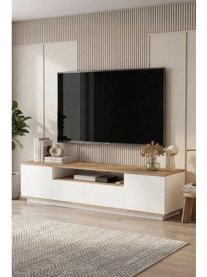 Yurudesign Future Tv Ünitesi Fr7-Aw Modern Tasarım Çam-Beyaz Suntalam 200 cm Yükseklik 328 cm Genişlik