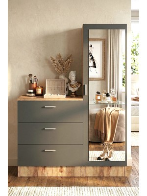 Yurudesign Nancy Aynalı Şifonyer Gardırop Modern Tasarım Antrasit Suntalam 1 Kapılı 3 Çekmeceli CC6-AA