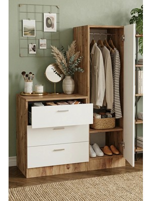Yurudesign Nancy Aynalı Şifonyer Gardırop Modern Tasarım Çam-Beyaz 1 Kapak 3 Çekmece Suntalam CC6-AW