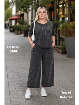 Cedy Denim Cedy Denım -Tensel Kumaş Taş Detaylı Oversize Geniş Paça Alt Üst Takım