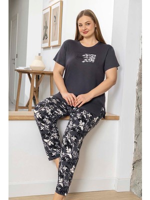 Aydoğan Büyük Beden Kadın Kısa Kol Viskon Pijama Takımı 260061 Antrasit
