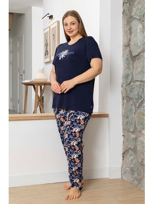 Aydoğan Büyük Beden Kadın Kısa Kol Viskon Pijama Takımı 260060 Lacivert