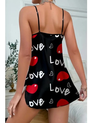 Hayal Kıyafet Şıklığı Hisset Love Desenli Siyah Saten Gecelik