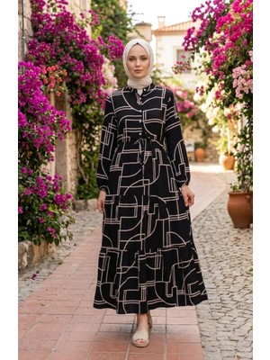 Sefa Merve Yarım Düğmeli Beli Bağcıklı Elbise 0271B-01 Siyah