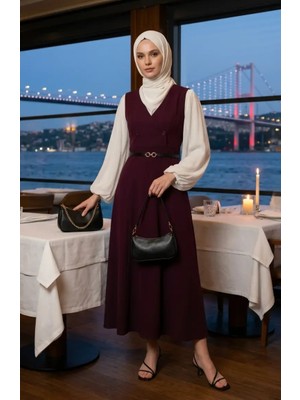 Sefa Merve Düğmeli Kısa Kol Kemerli Jile Elbise 5095-08 Mürdüm