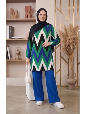 Sefa Merve Bürümcük Kumaş Desenli Yırtmaçlı Tunik 0502-01 Saks