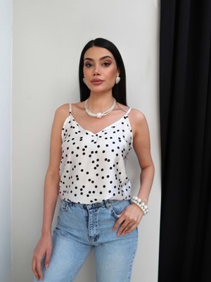 Esra Helvacı Puantiyeli V Yaka Saten Bluz