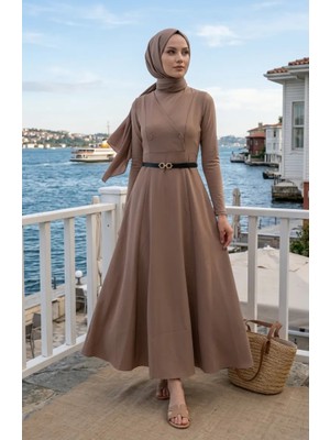 Sefa Merve Düğmeli Kısa Kol Kemerli Jile Elbise 5095-05 Vizon