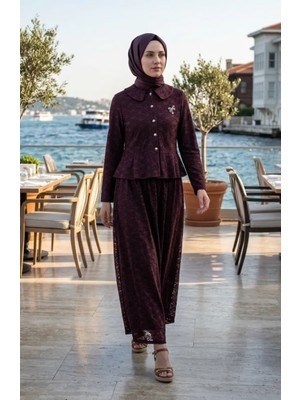 Sefa Merve Bebe Yaka Dantelli Tunik Etek Ikili Takım 0270-04 Bordo