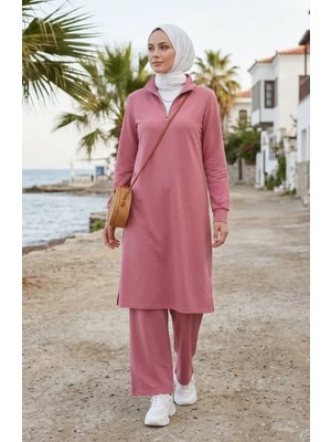 Sefa Merve Iki Iplik Fermuarlı Tunik Pantolon Ikili Takım 0262-01 Pembe