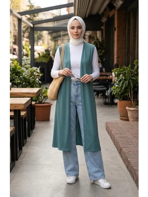 Sefa Merve Büyük Beden Düz Renk Sade Ince Anne Yelek 8770-03 Yeşil
