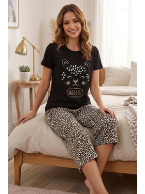 Gri Mor Tekstil Pamuklu Kısa Kollu Kaprili Kadın Pijama Takımı